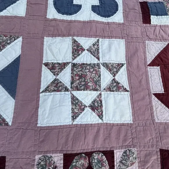 Vintage Handmade Quilt 66x52” Sampler Fan Pattern Purple Blue Coverlet Throw RV - Picture 11 of 16